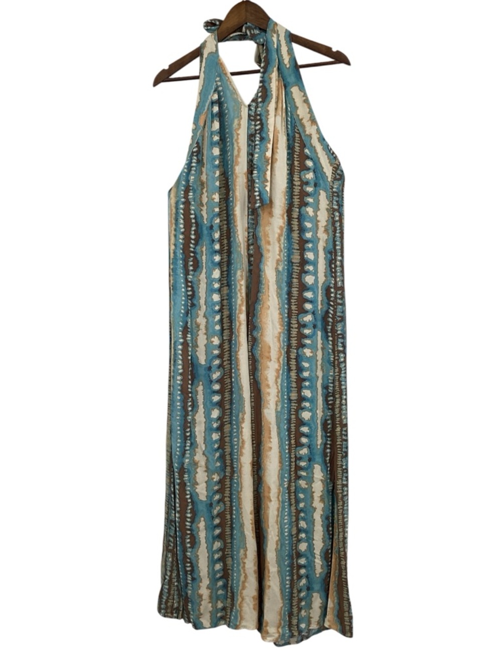 ILLA ILLA Blue, Cream & Brown Printed Halter Wide Leg Jumpsuit
